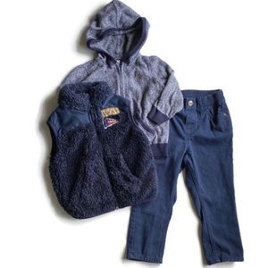 3 pieces Gap Blue Hoodie, DKNY Blue Fuzzy Vest, Blue H&M pants 18m